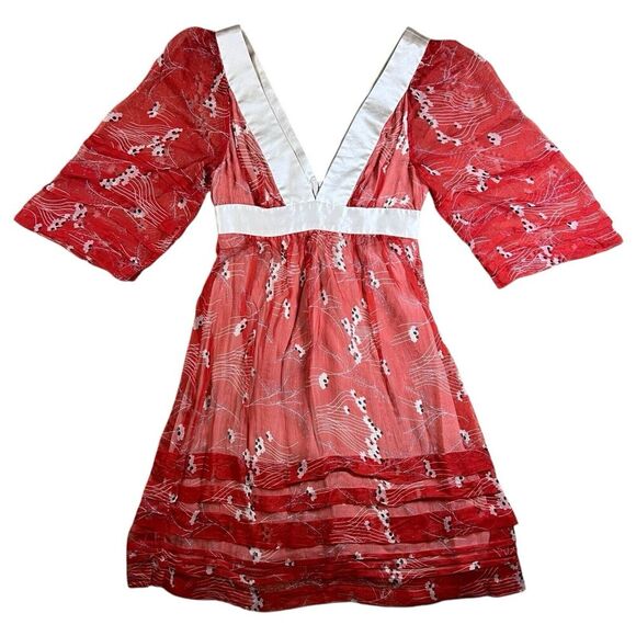 Development by Erica Davies Red Floral Sheer 100% Silk Floral Print Dress Size 0 - Picture 1 of 7